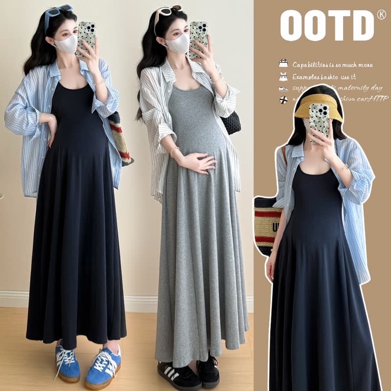 Maternity Dress Set - Trendy Summer Striped Sun Protection Shirt and Vest Dress Two-Piece Set for Expecting Mothers