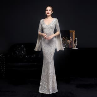 18576# Sequin Long Evening Dress Slim Fishtail Mermaid Party Annual Meeting Host Gala Dress with Train
