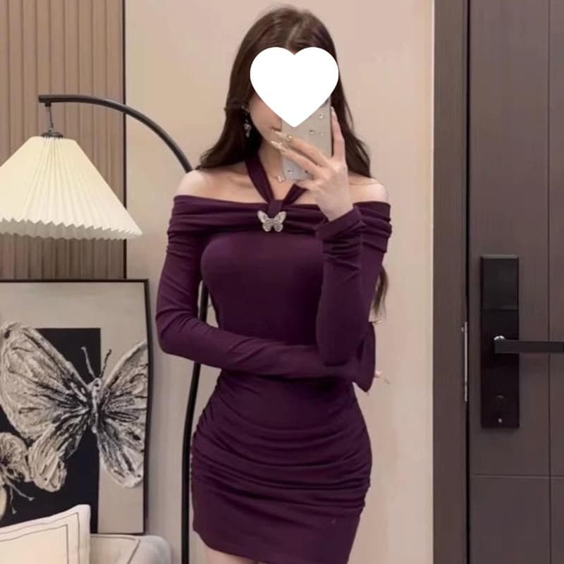 Purple Long-Sleeve Neck-Hanging Dress for Women, New Fall/Winter Style, Pure Desire Bodycon Mature Dress, One-Shoulder Celebrity Inner Layer Dress