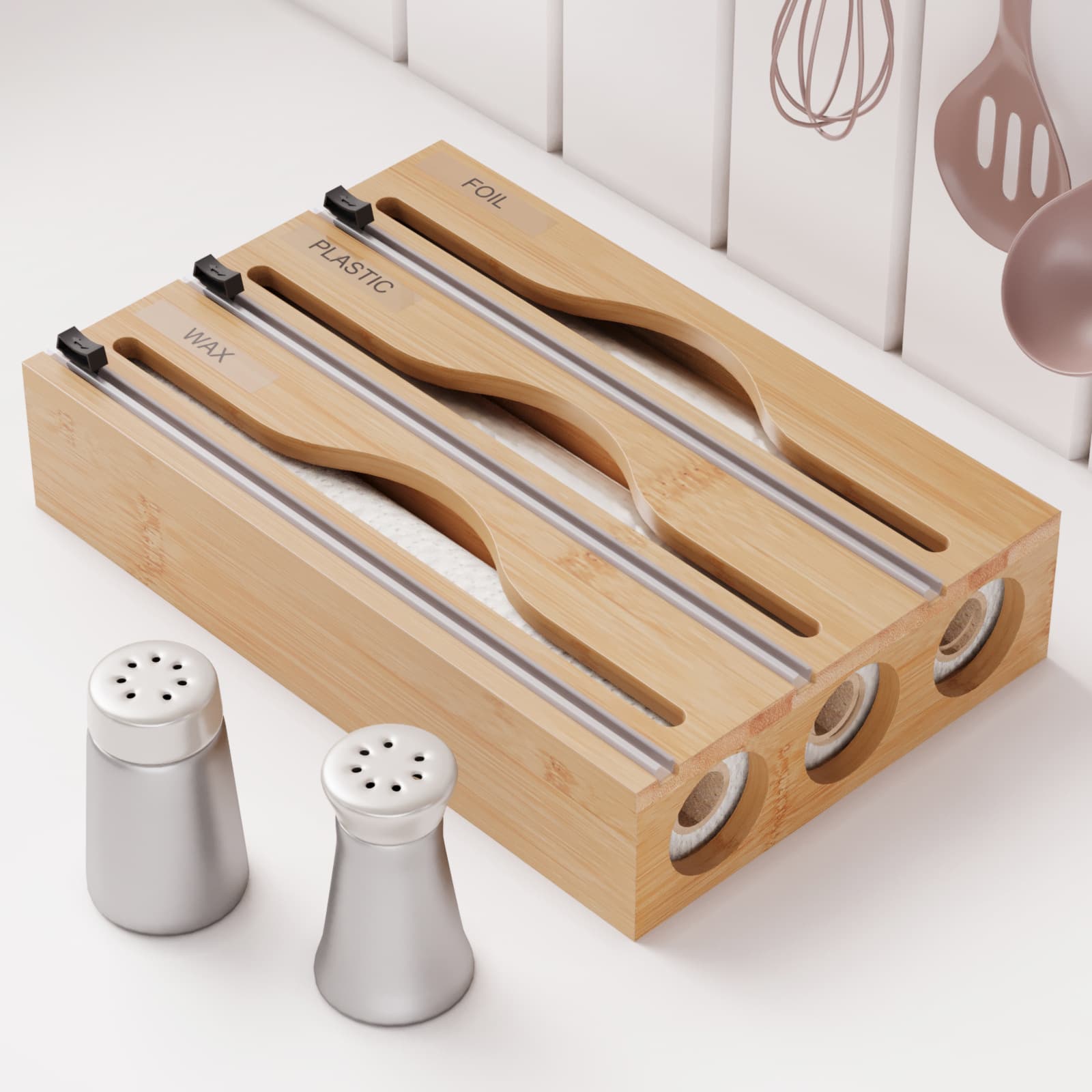 Factory Stock Dual-way Plastic Wrap Cutting Box Kitchen Wall Mount or Desktop Multi-compartment Bamboo Wood Foil and Plastic Wrap Dispenser