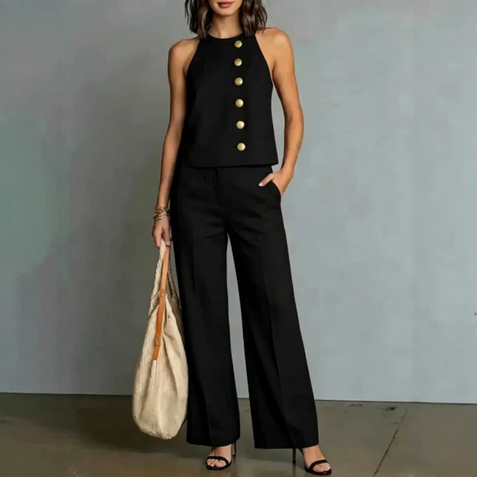 2026 New French Style Sleeveless Halter Top High-Waist Wide-Leg Pants Two-Piece Set Draping Slimming Commuter Suit