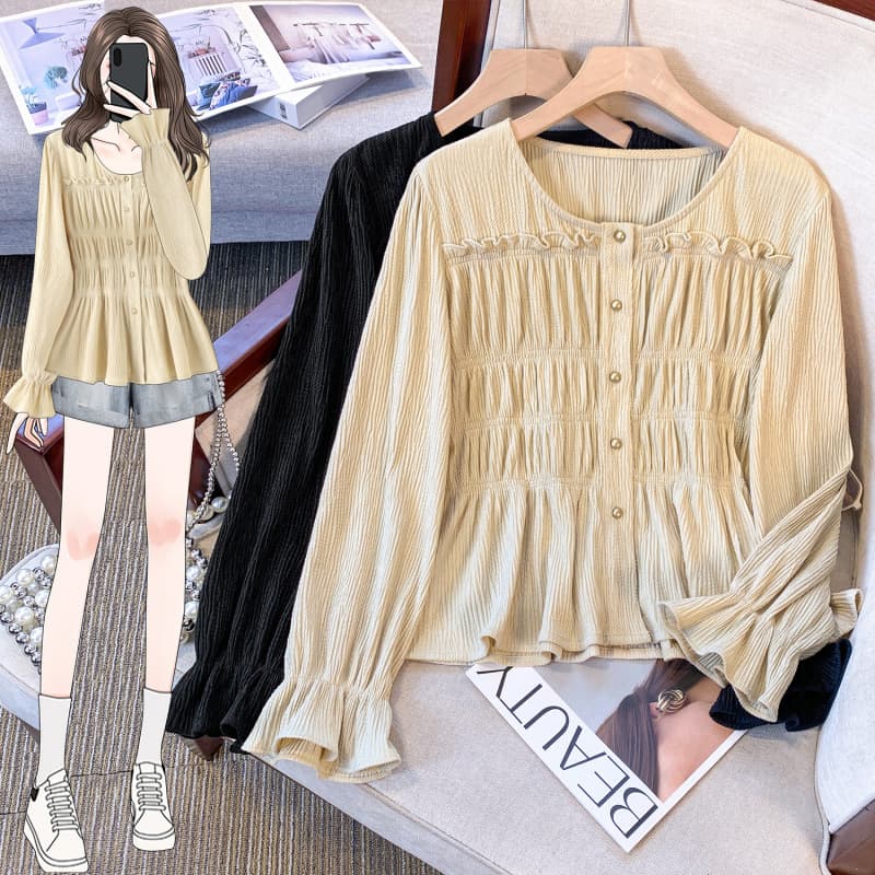 Plus Size Autumn French V-Neck Chiffon Long Sleeve Blouse for Women, Tummy Cover Slimming Inner Layered Pleated Top