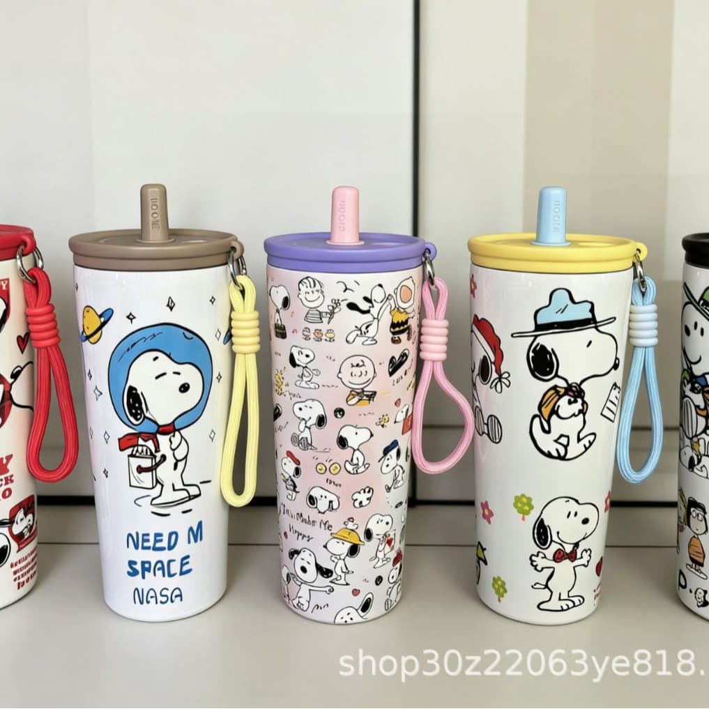 New Nuby Cartoon Stainless Steel Handle Straw Cup, Double-Wall Vacuum Insulated Mug, Outdoor Car Cup, Large Capacity