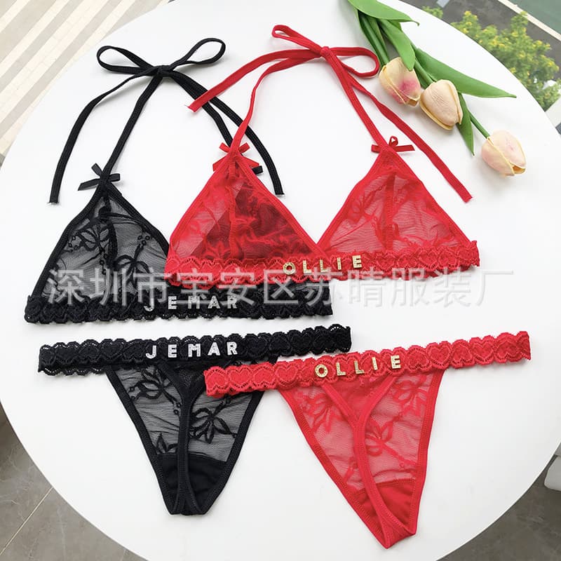 Cross-border Custom 3-Point Lingerie Set for Women, Personalized Rhinestone Letter Name, Halter Neck Bra Set