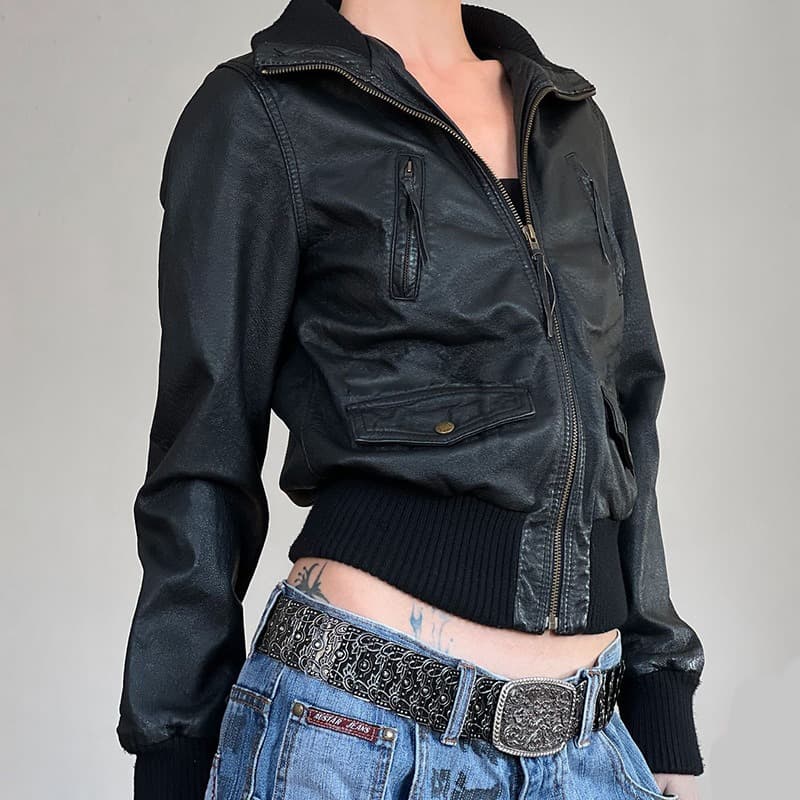 American Style 2024 Fall/Winter New PU Leather Zip-Up Work Jacket for Women, Ribbed Waistband Cardigan Short Coat