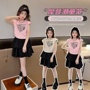 Girls Set 2025 Summer New Style, Children's Fashionable Trendy Short Sleeve T-Shirt, Big Girls Two-Piece Set