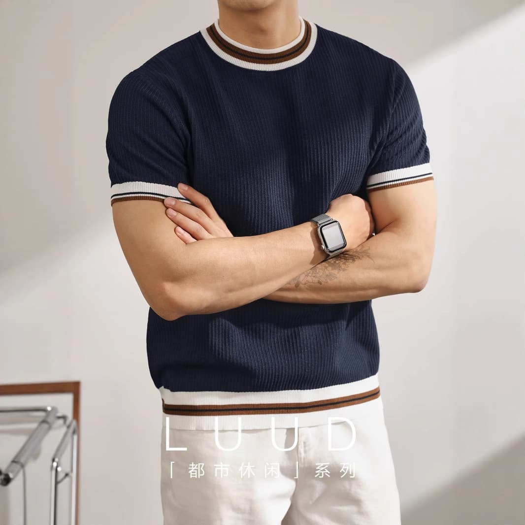 Summer New Men's Short Sleeve Knitted Ice Silk Slim Fit Business Korean Style Breathable Striped T-Shirt Crew Neck Top