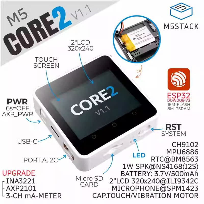 Official M5Stack Core2 v1.1 ESP32 Touch Screen IoT Development Kit Graphical Programming Main Controller