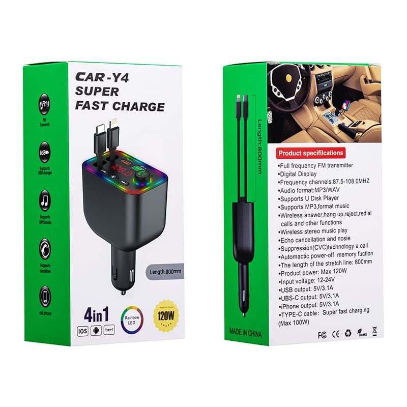 Cross-border Y3 Y4 Y5 Car Bluetooth MP3 Player FM Transmitter Car Fast Charger Phone Charger Retractable Cable