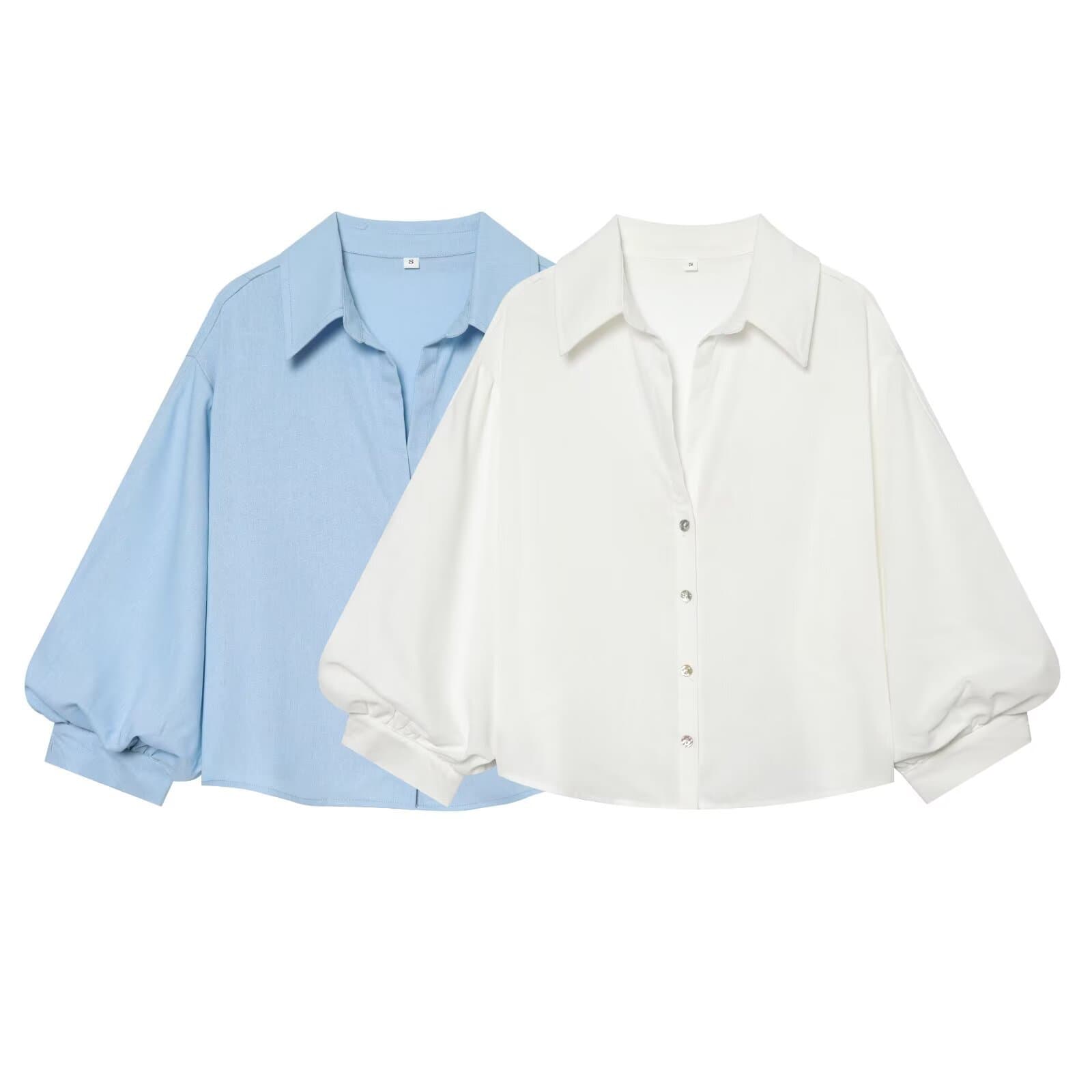 2026 Spring New Arrival European and American Cross-Border Women's Street Fashion Linen Blend Bubble Sleeve Blouse w018 1815