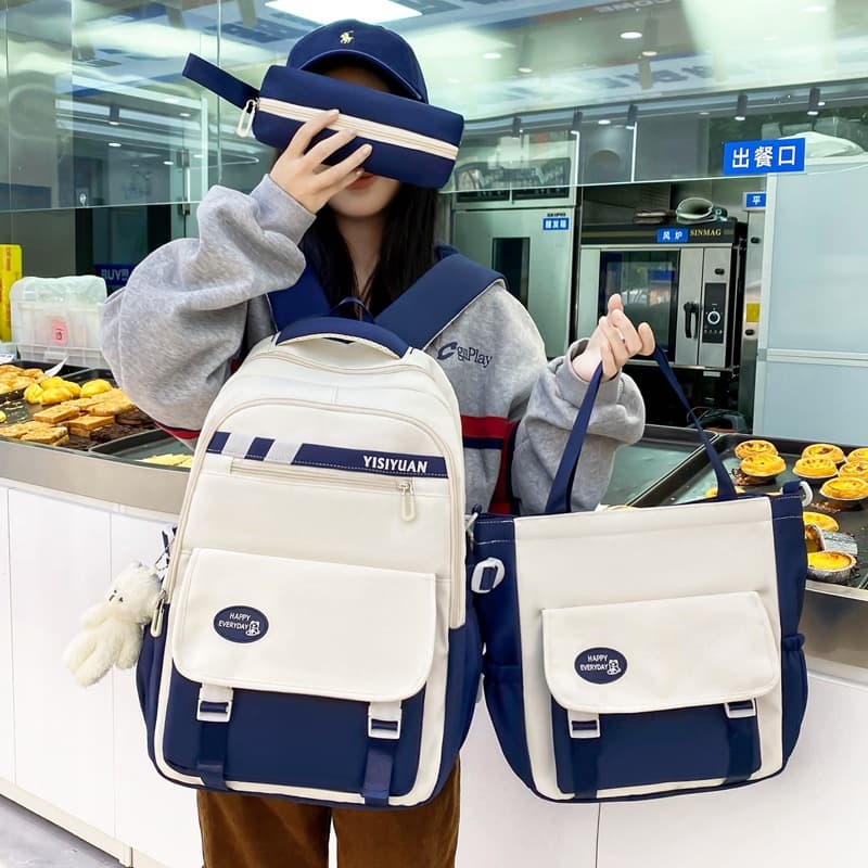 Student Backpack for Girls, Korean Style Ins Large Capacity Junior and Senior High School Backpack, Color-Block Campus Backpack, 4-Piece Set, Trendy