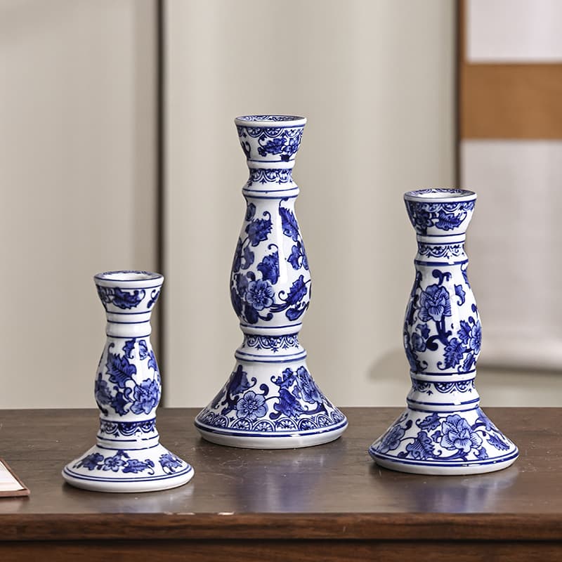 Chinese Blue And White Ceramic Candlestick Home Decor Living Room Coffee Table Entrance Soft Luxury Porcelain Candle Holder