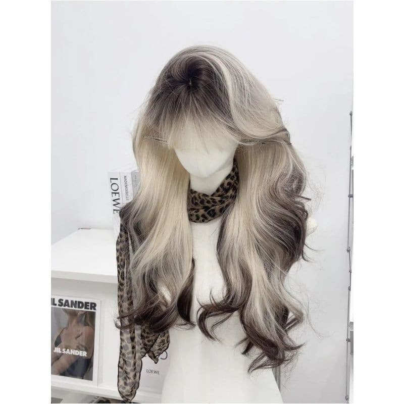 【Siamese Cat】Women's Wig with Gradient High-Layered Siamese Cat Style, Dyed Long Curly Hair, Wavy Synthetic Hair Full Wig