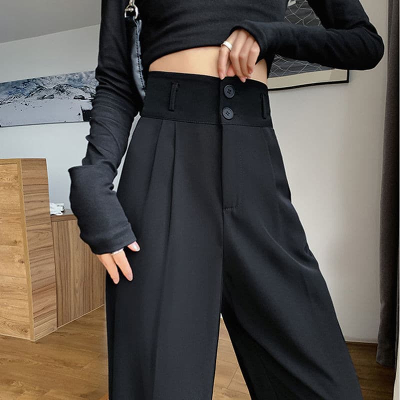 New 2022 Summer Style Double Button Pants: Gray Suit Pants, High-Waisted, Flowy, Slimming, Casual Wide-Leg Pants
