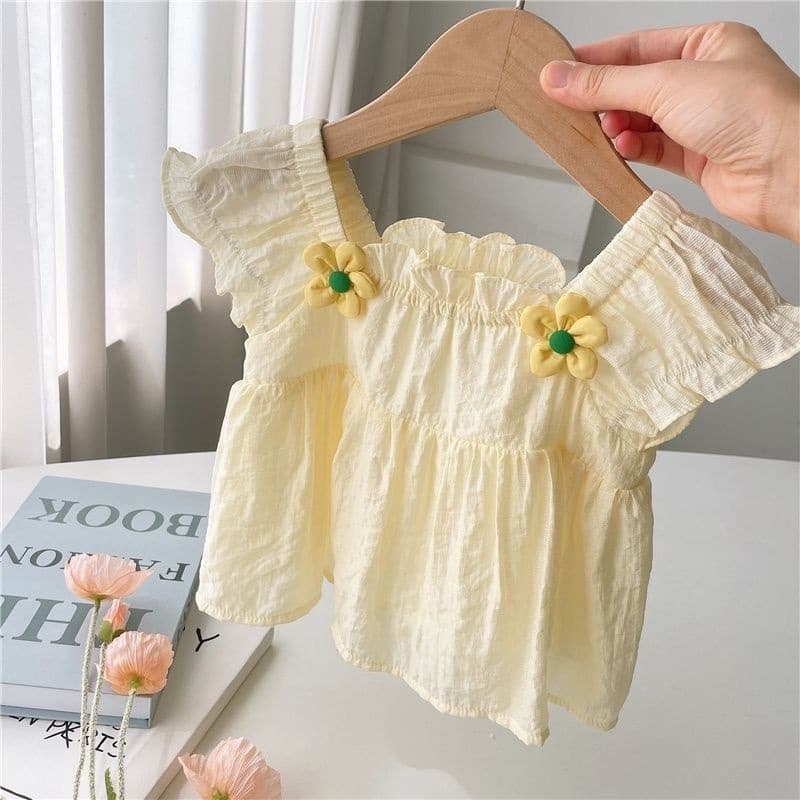 Korean-style Girls' Doll Blouse, Fashionable Loose Baby Top, Short Sleeve, Yellow Floral Doll Blouse