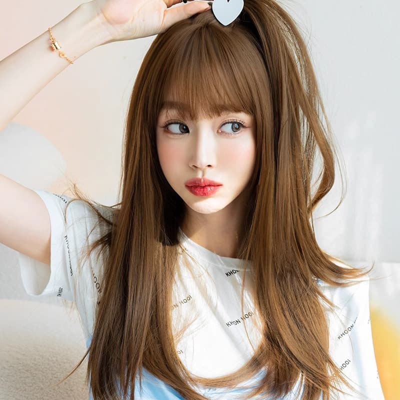 Women's Long Straight Wig with Air Bangs, Natural Full Wig Cap, Fashionable and Voluminous Realistic Hair