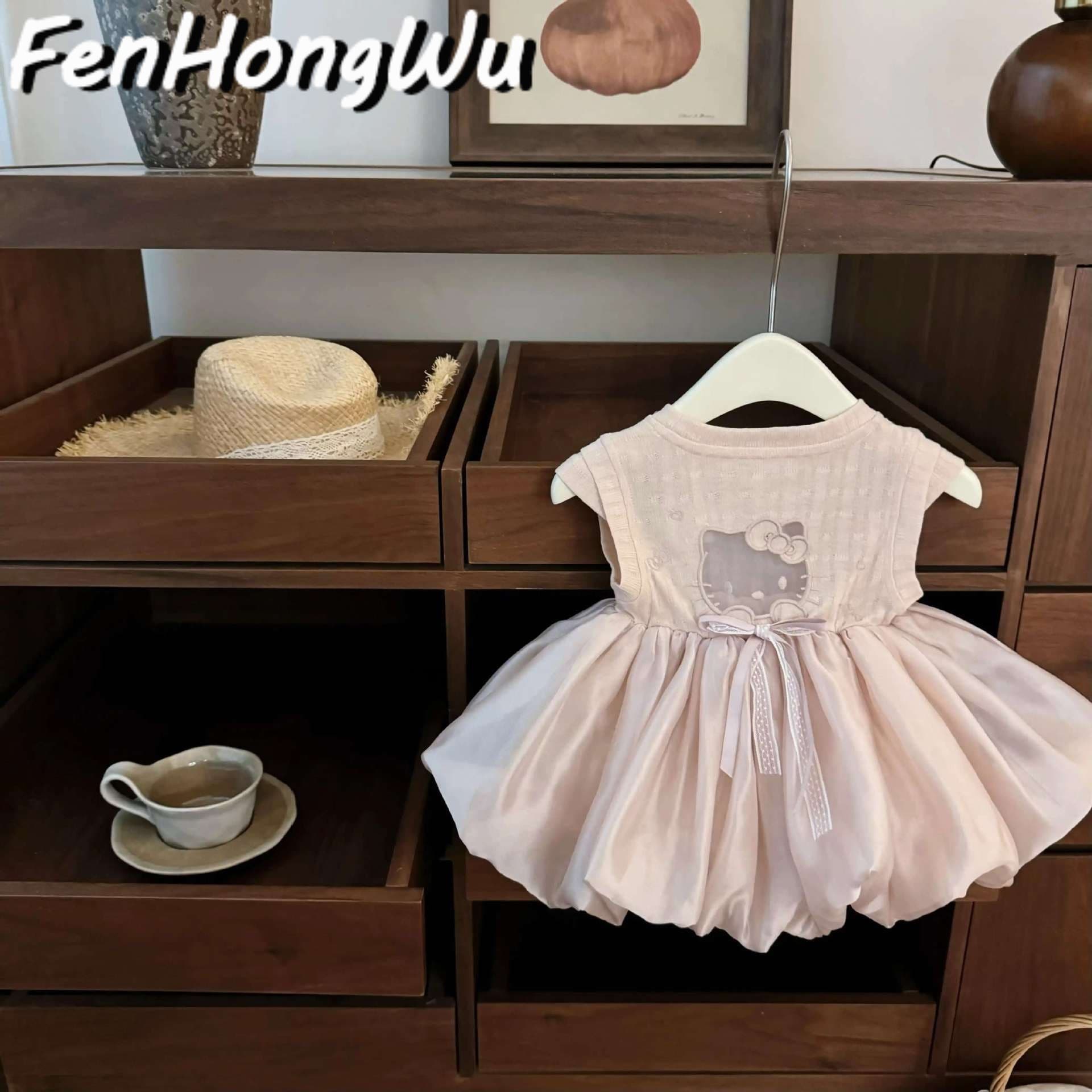 Pink House New Girls Sweet Cute Cat Print Dress Summer Pink Bow Puffy Princess Dress
