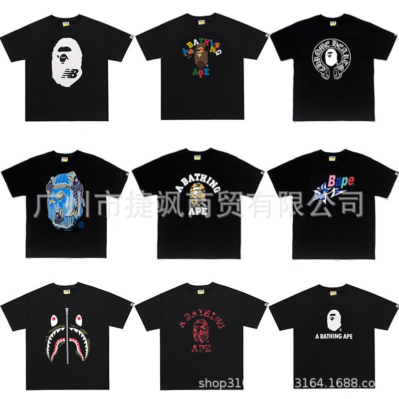 Cross-border wholesale high quality hot selling trendy brand BAPE 240g ape head shark print cotton top T-shirt short sleeves