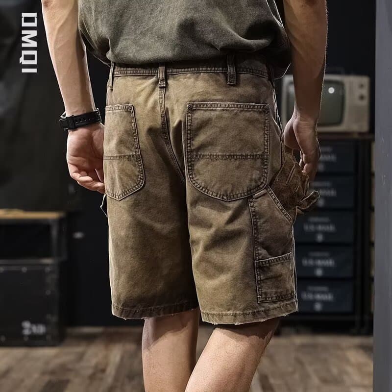 American Retro Lumberjack Work Shorts Men Mud Yellow Heavy Duty Distressed Washed Loose Straight Leg Five-Point Mid-Length Shorts