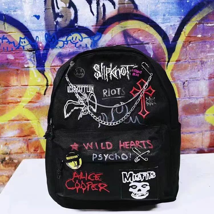 Stop it BIZZCUT/Rock campus/dark hand painted graffiti embroidery chain pin decoration student backpack