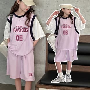 Kids Short Sleeve Sports Jersey Summer Training Suit for Middle and Older Kids Fake Layered Quick-Dry Sportswear Set
