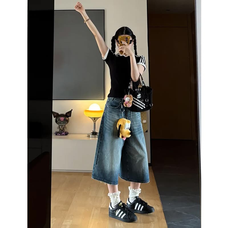 American retro wide-leg denim shorts for women in summer plus size fat mm eight-quarter pants high-waisted loose slimming mid-length pants