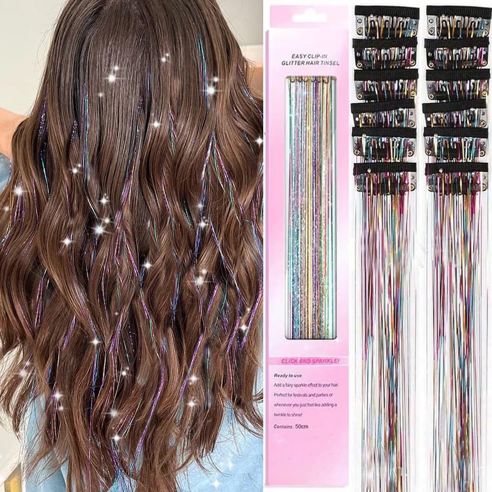 Export Boxed 12-Piece Hair Extensions Laser Gold Thread Clip-In Hair Extensions for Women Shiny Colored Thread Extensions Seamless Highlights Wholesale