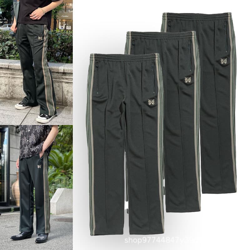 Needles butterfly pants street fashion brand retro webbing school uniform pants dark blue men's and women's straight solid color casual pants
