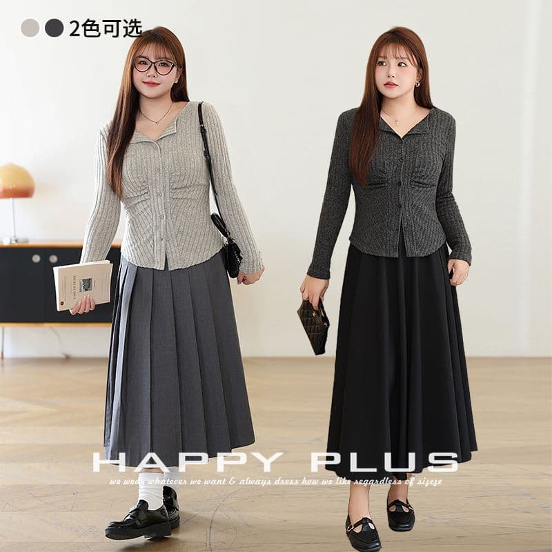 Matte texture waist-gathering pleated collar top Run Qi 9016 plus-size office design sense V-neck long-sleeve small cardigan