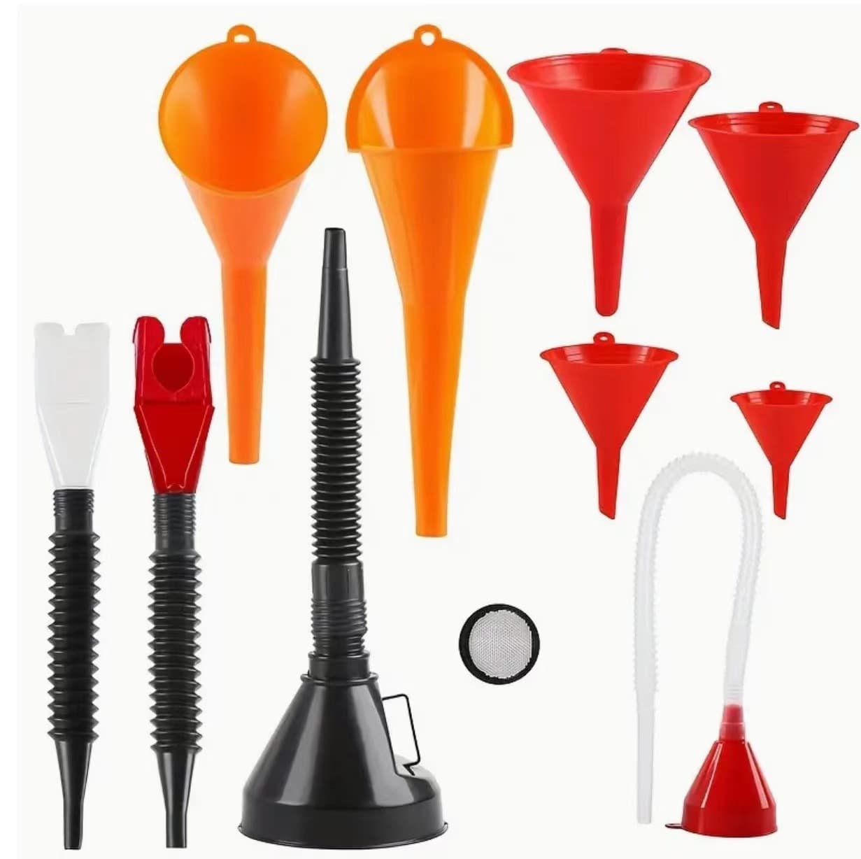 Multi-piece funnel set from manufacturer, various models for refueling, oil funnel with long spout