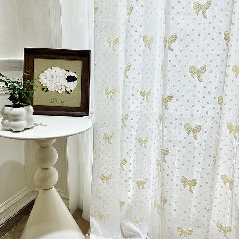 Cream bow gauze curtain children's room cute girl Korean princess room translucent semi-transparent bedroom bay window screen