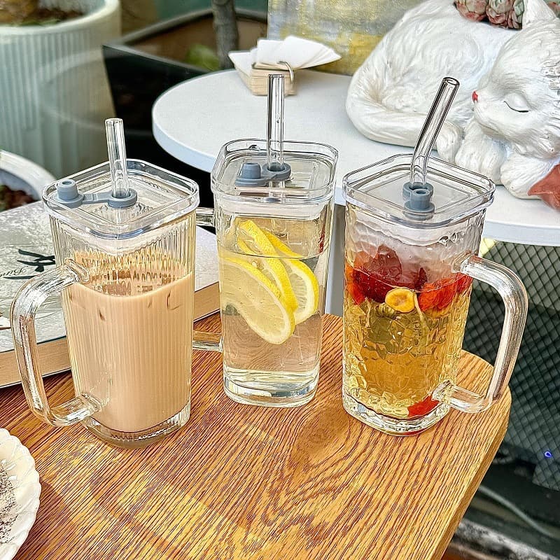 Transparent Ins-style Glass Water Cup with Handle, High-Aesthetic Women's Summer Juice Cup, Striped Lid Straw Cup Wholesale