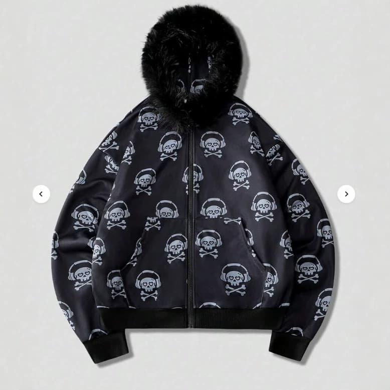 Men's Streetwear Trendy Brand Headphones Skull Hoodie with Large Faux Fur Collar Zip-Up Hooded Cardigan Thick Warm Jacket Wholesale