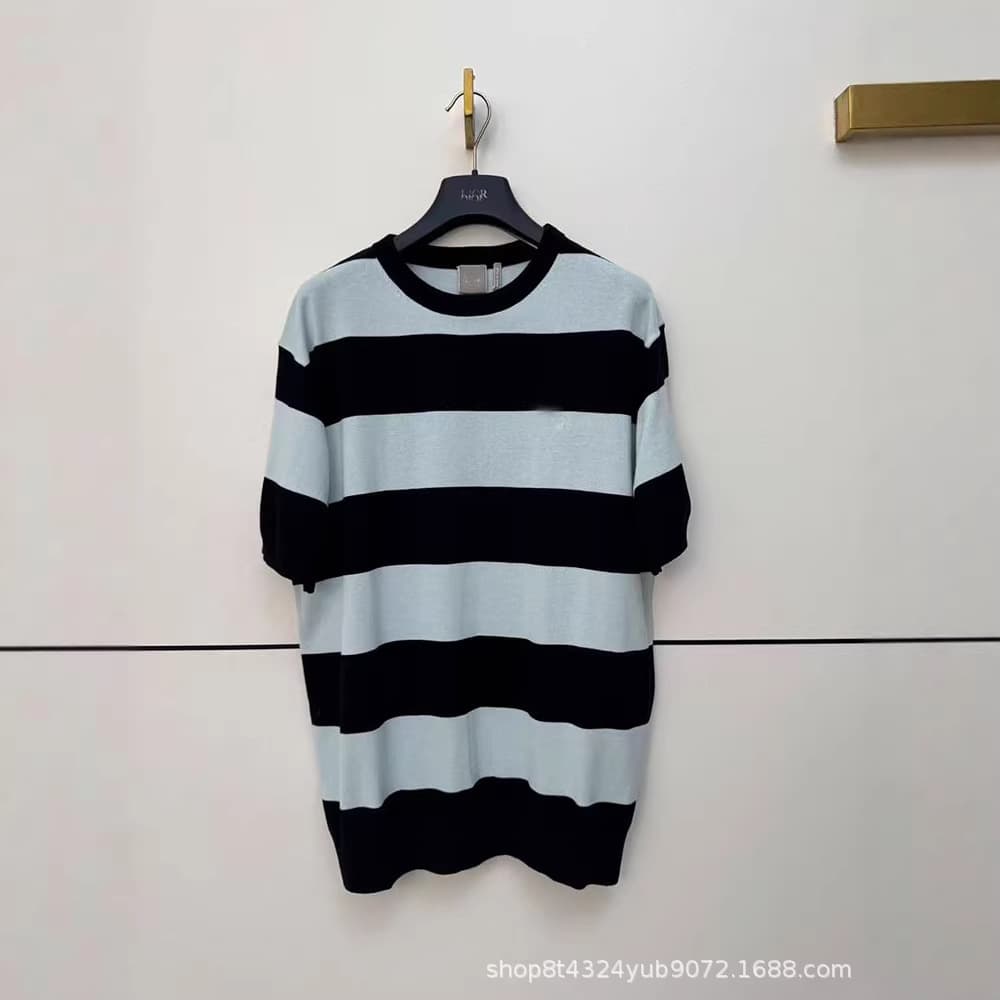 Cross-border Correct Version Dio Di Jia New Small Logo Embroidered Contrast Plaid Knitted Short Sleeve T-Shirt Unisex