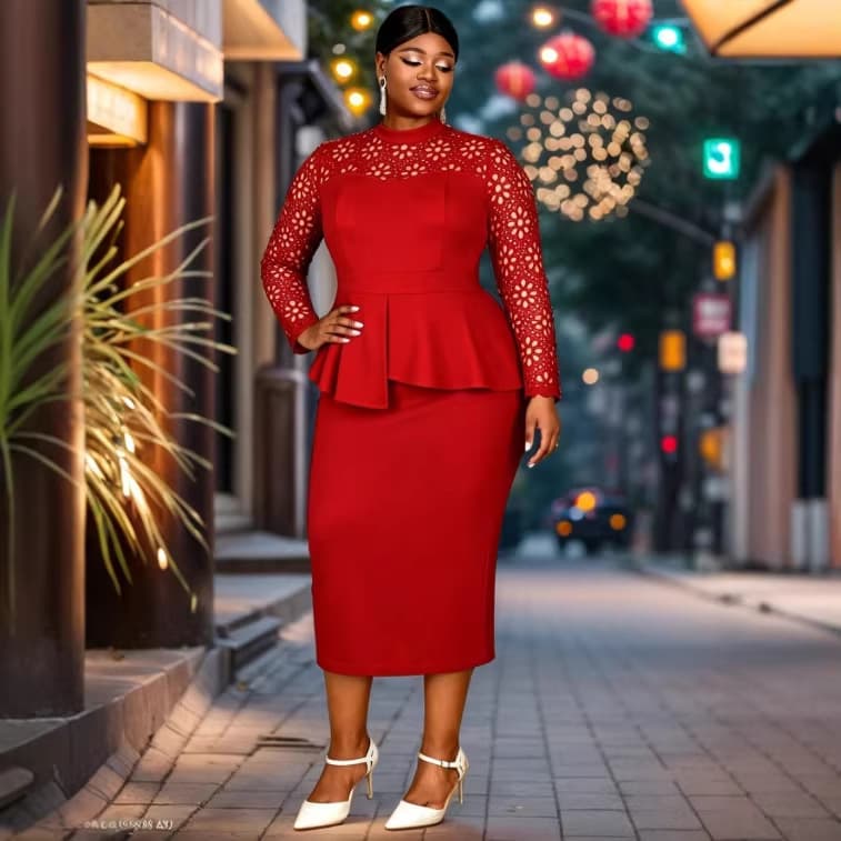 Plus Size Women's Lace Dress Ruffle Waist Slimming Wedding Guest Dress Elegant Professional Dress