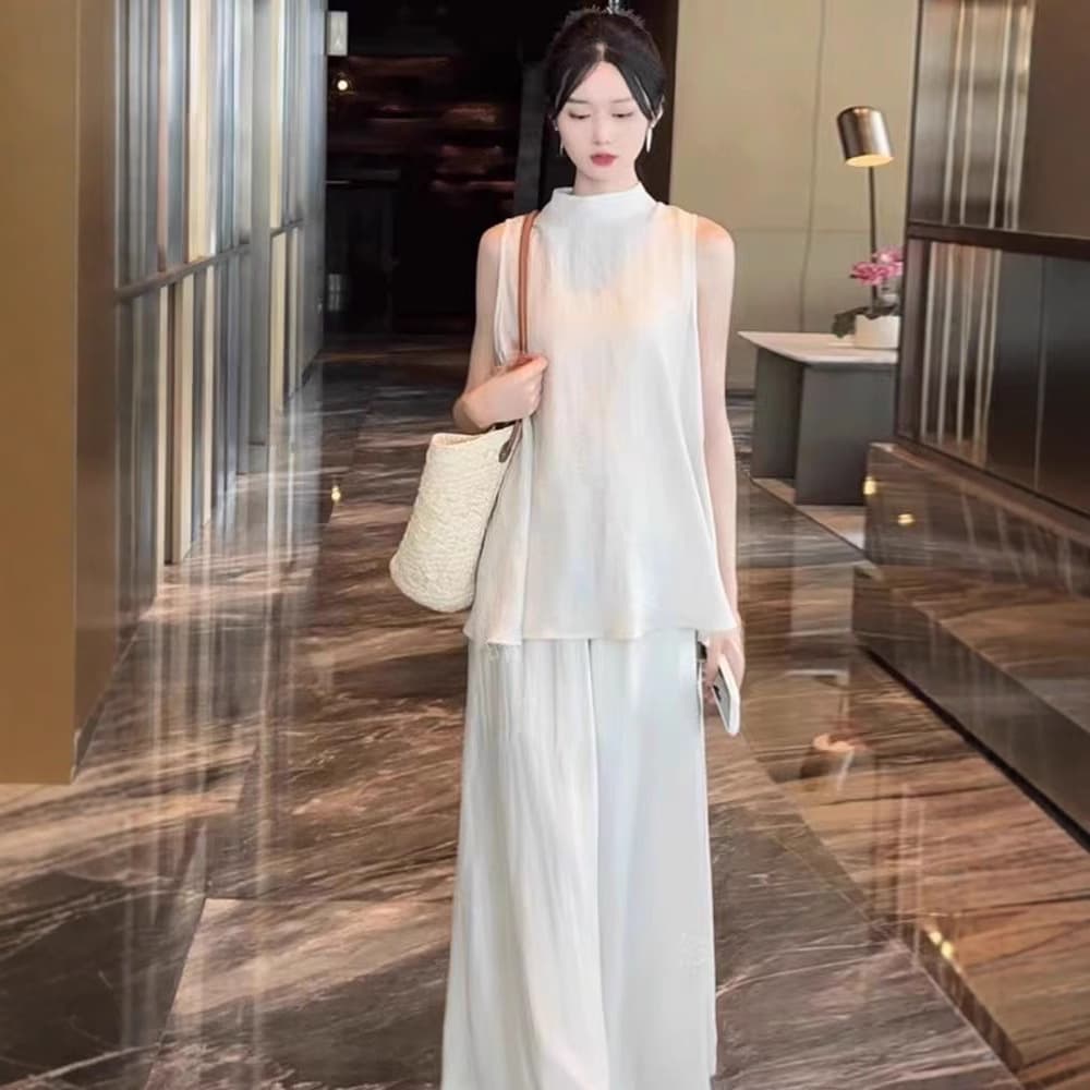 Zen Style Casual Set for Women 2025 Summer Loose Fitting Vest Top Fashion Wide Leg Pants Two-Piece Set Trendy