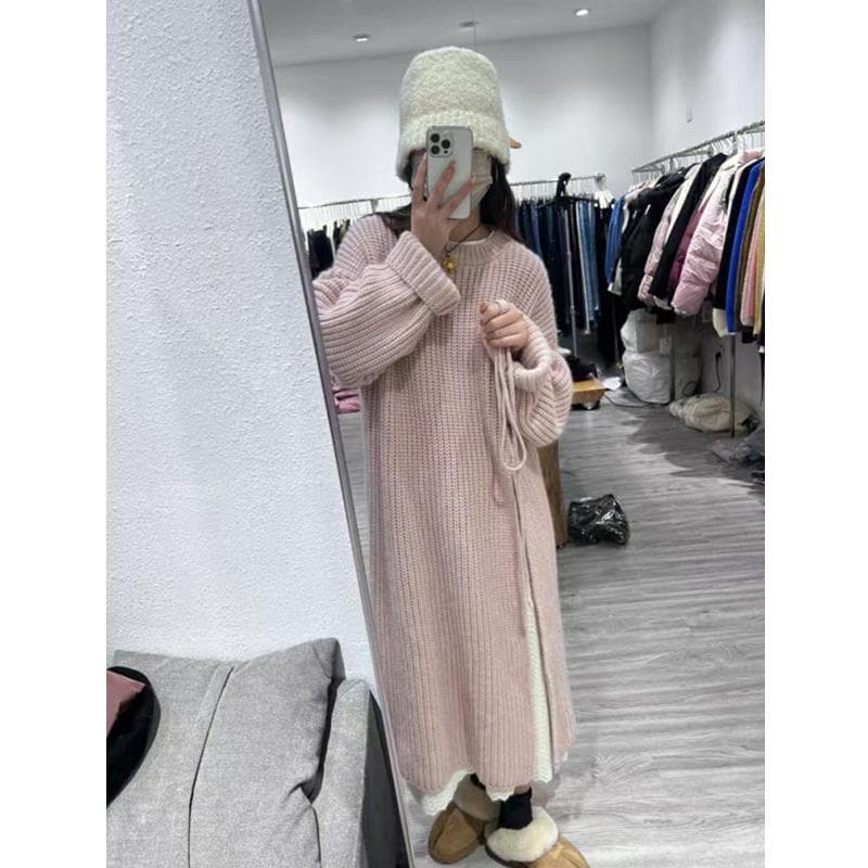 Korean Lazy Style Knit Dress for Women 2025 Fall/Winter New Loose Pullover Side Slit Over-the-Knee Mid-Length Sweater Dress