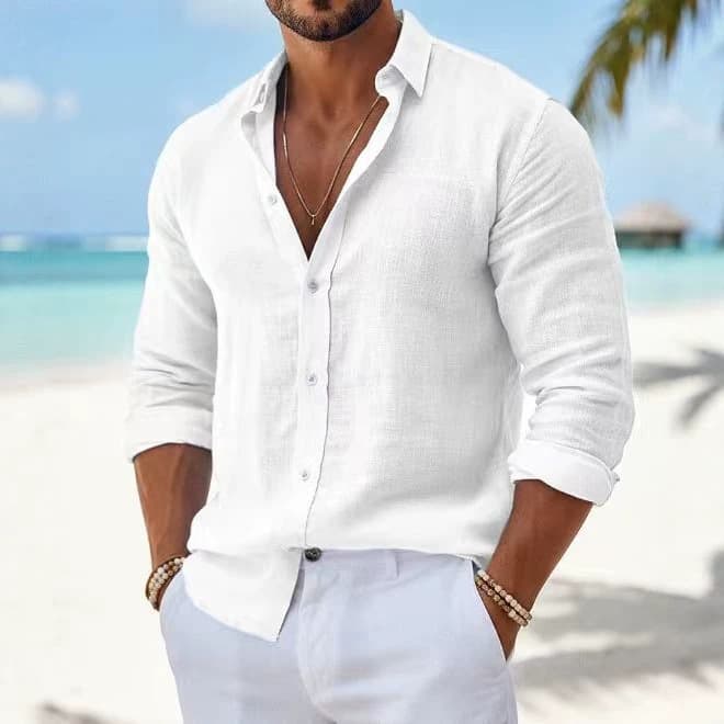 Cross-border new solid color lapel long-sleeved shirt Amazon breathable comfortable loose resort style cotton and linen men's shirt