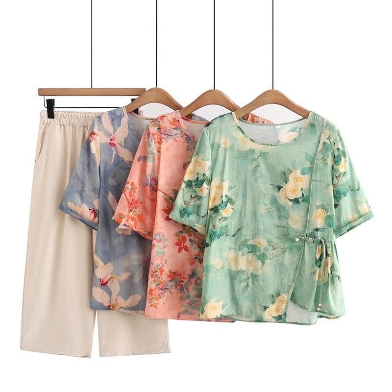 Mother's Summer Set Chinese Style Women's Clothing for Middle-aged and Elderly, Summer Blouse Short Sleeve Top