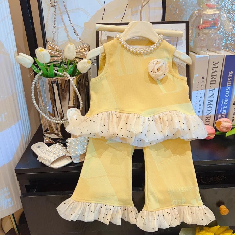 Girls' Little Chanel-Style Sleeveless Set 2025 Summer New Children's Lace Patchwork Vest with Ruffled Hem Pants Two-Piece Set