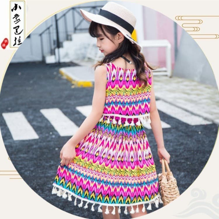 Girls' dress in summer ethnic style big children's cotton silk princess dress little girl's dress children's floral vest dress