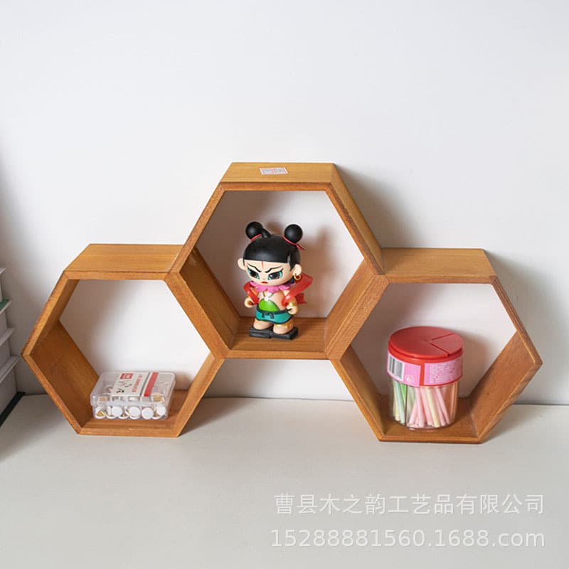 In-stock wooden wall shelf, hexagonal honeycomb hanging storage rack for children's toys/book display
