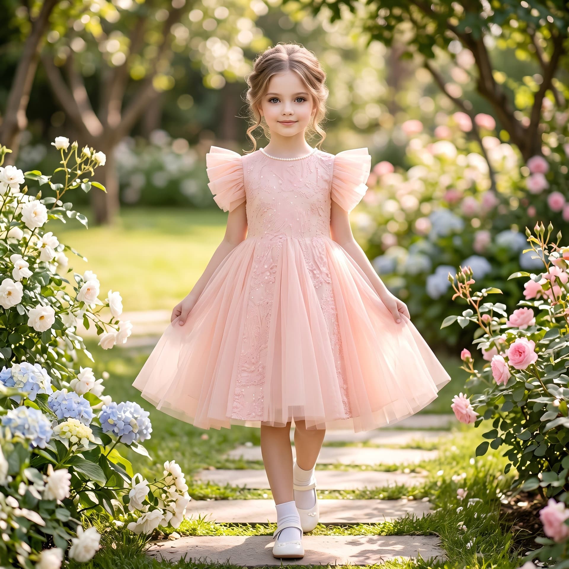 Girls dress with flying sleeves, hot diamond mesh, puffy big skirt, princess dress, children's birthday flower girl performance dress, daily dress