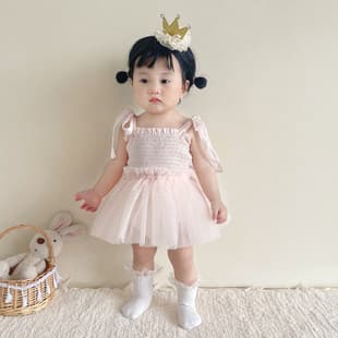 Children's Summer Baby Girl Triangle Climbing Princess Dress Romper Infant Pink Mesh Strap Bodysuit First Birthday Party Dress