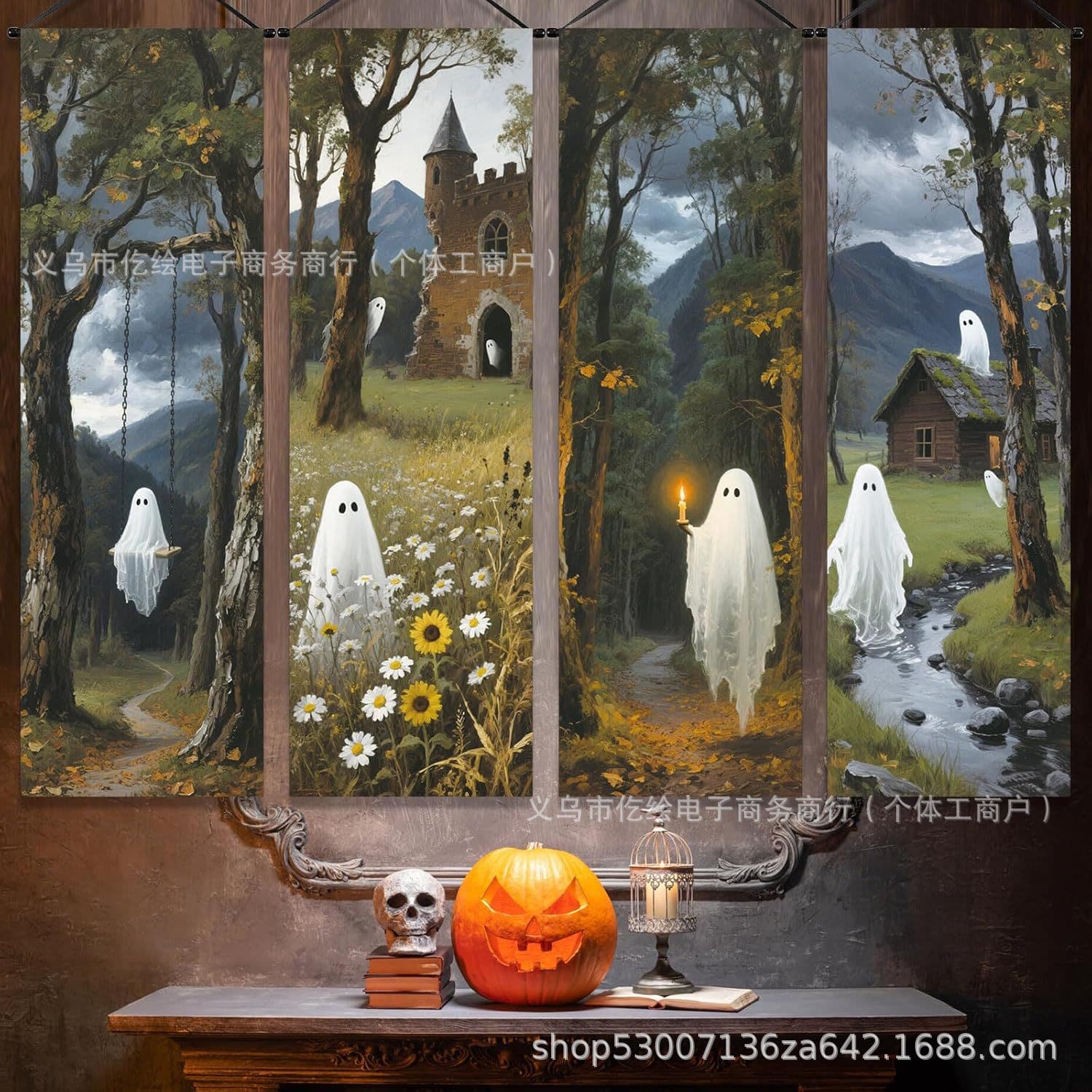 Cross-border Halloween Couplet 4-Piece Set Decoration White Ghost Forest Style Halloween Indoor Decoration Yard Decoration