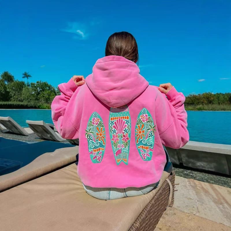 2025 Hot Selling Export Style Hawaii Hibiscus Sweatshirt, Women's Drop Shoulder Ribbed Hoodie with Print
