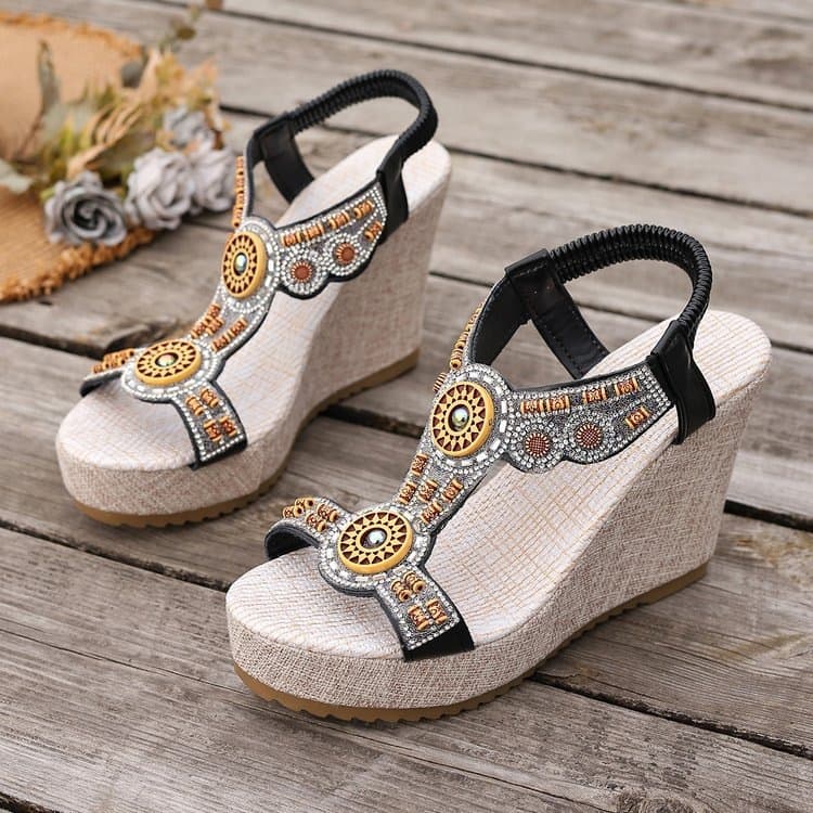 European and American Plus Size Sandals Women 2026 Summer New Style Peep Toe Wedge Thick Sole Elastic Strap Roman Sandals Women