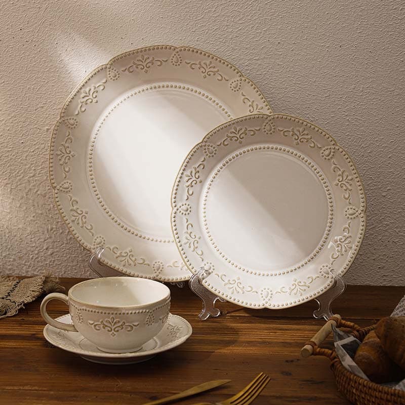 European-style embossed ceramic plate, vintage palace kiln-changing scalloped plate, home Western dinner plate, breakfast plate, coffee cup set