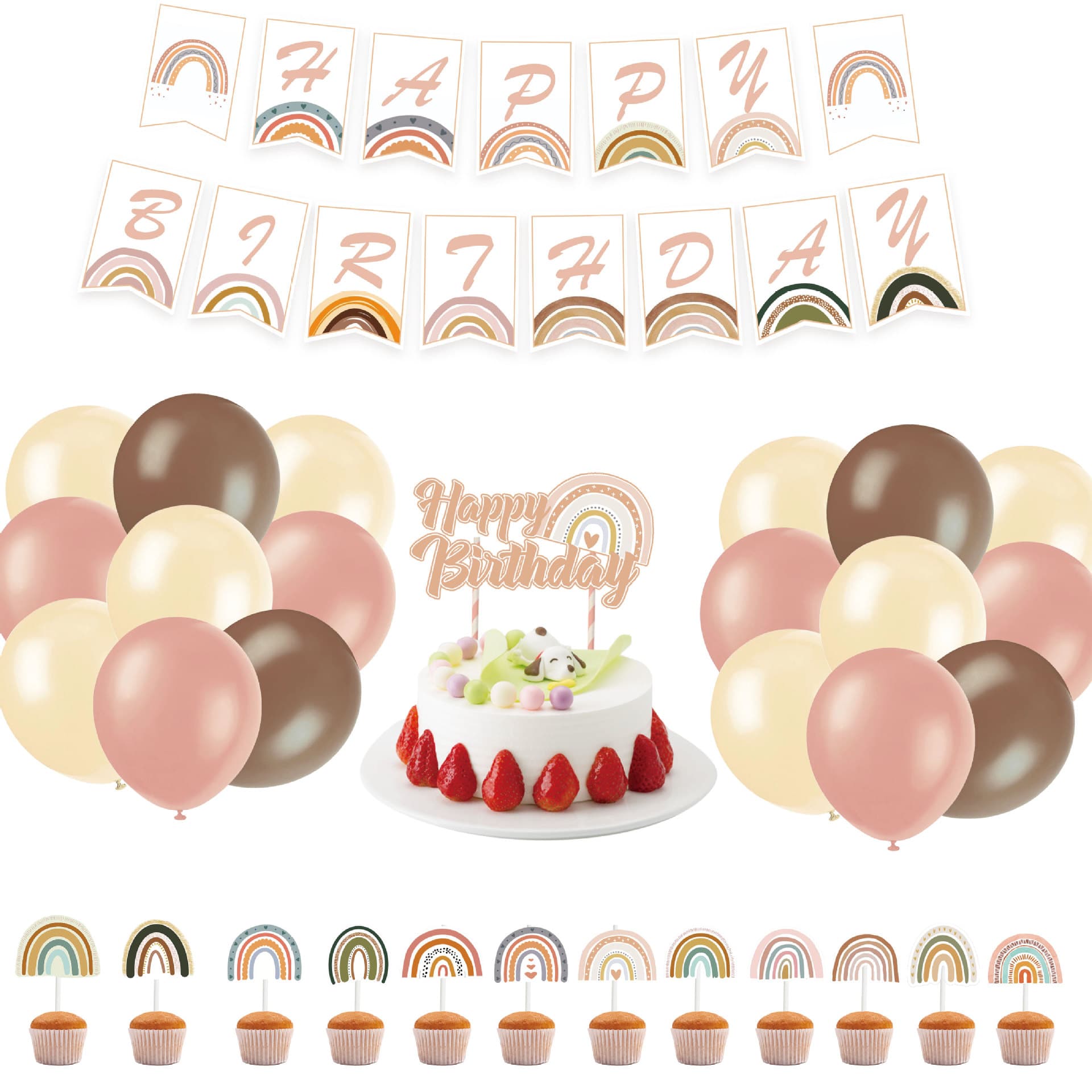 Bohemian Rainbow Theme Birthday Party Decoration Supplies Flag Banner Cake Flag Balloon Set