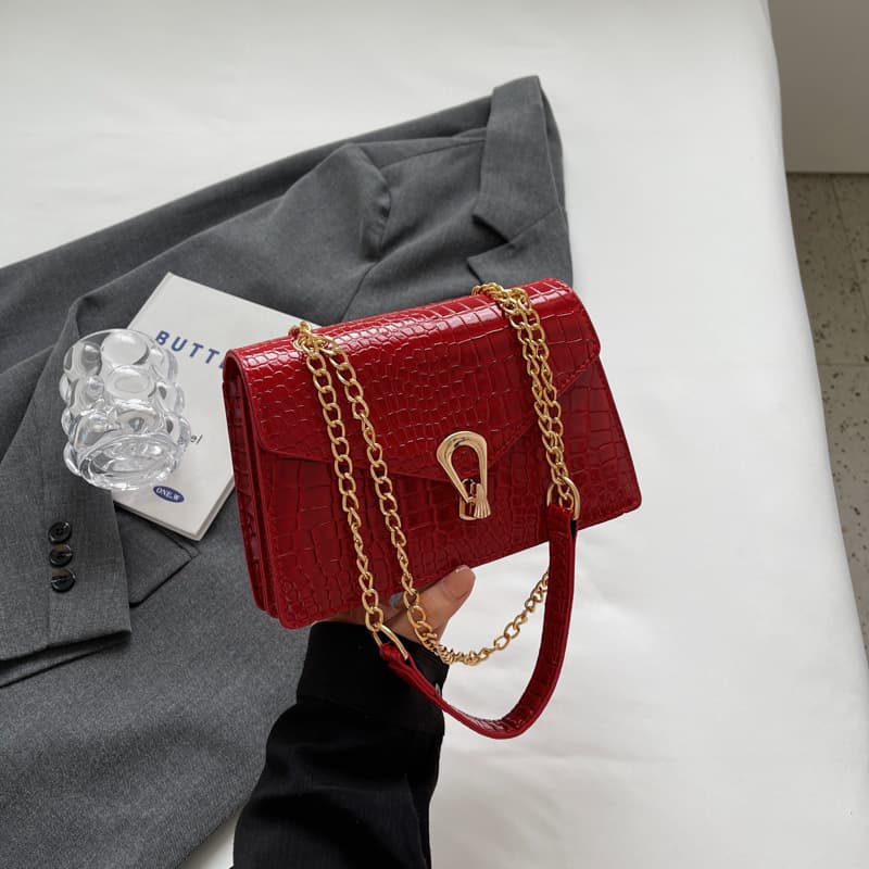 Solid Color Crocodile Texture Chain Women's Bag 2025 Summer New Trendy Korean Style Shoulder Crossbody Bag Small Square Bag